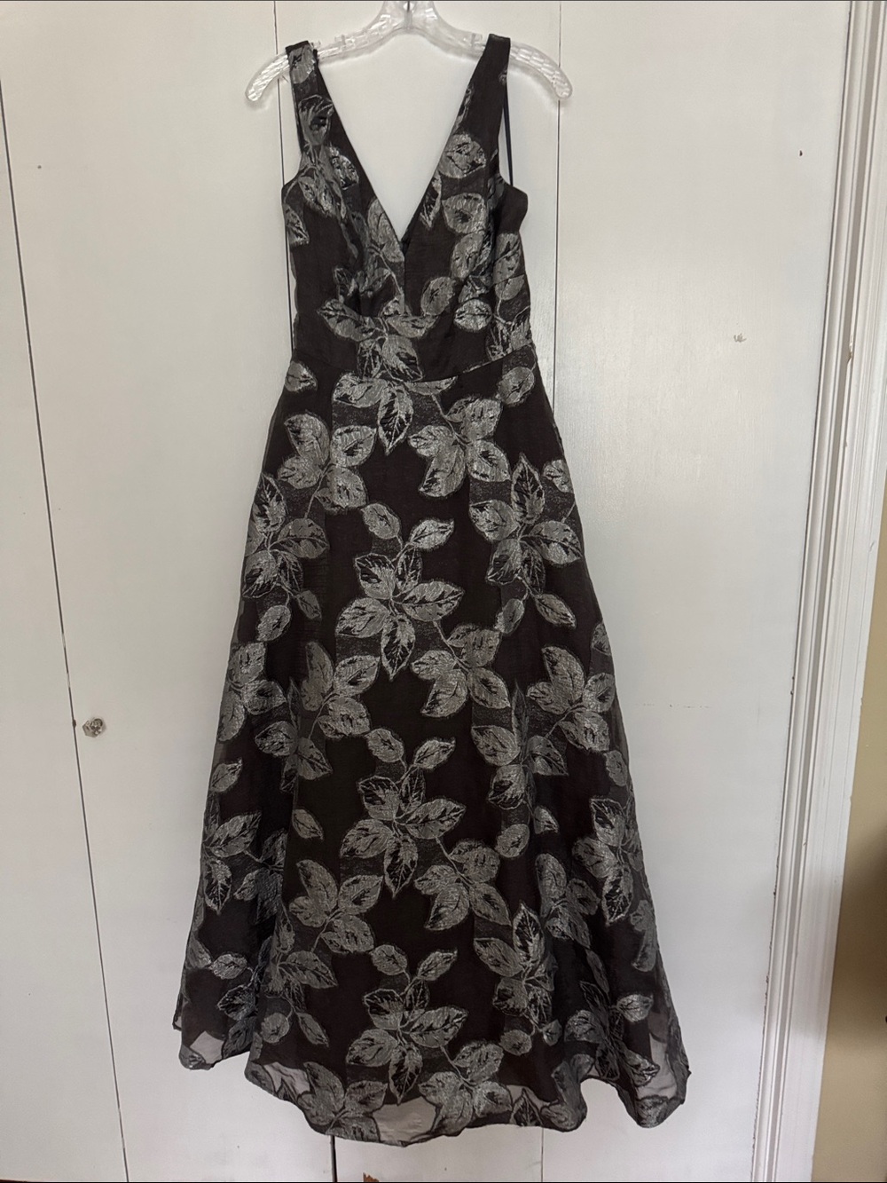 Charcoal and Silver Floral V-Neck A-Line Evening Dress